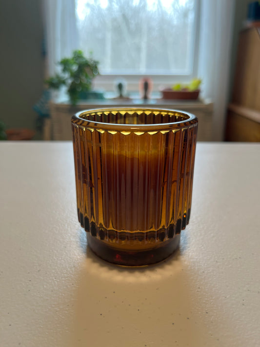 100% Pure Beeswax Candle in an Amber Ribbed Jar